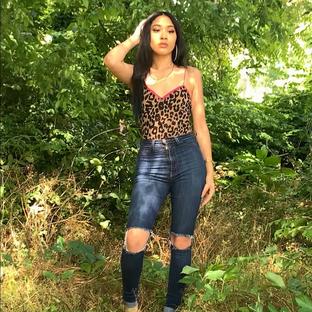 Cheetah print bodysuit with hot pink lining